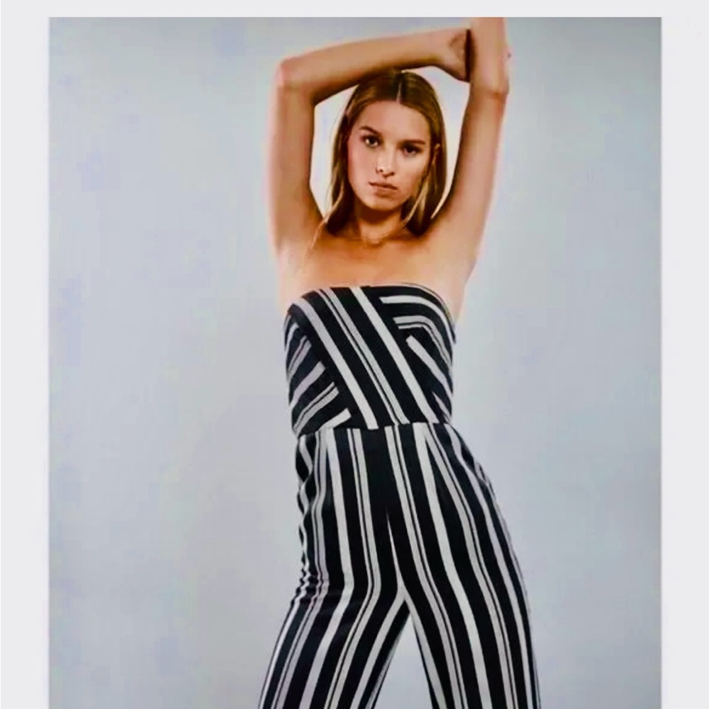 Reiss Striped Jumpsuit Strapless Black White Size 4